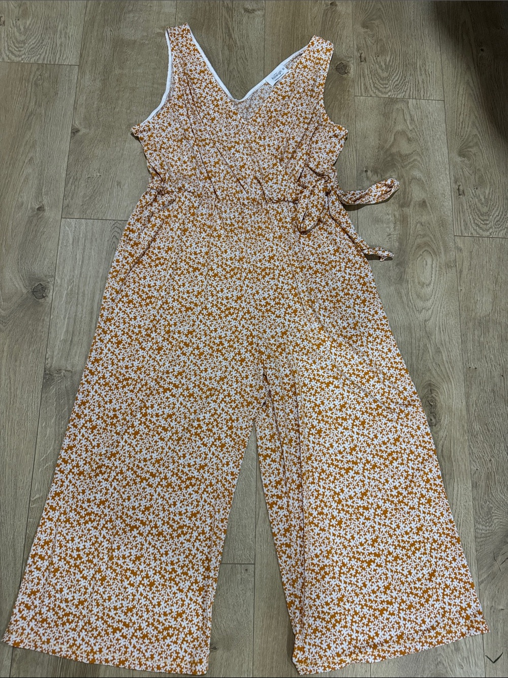 Kaileigh White & Mustard Floral Tie-Waist Wide-Leg Jumpsuit